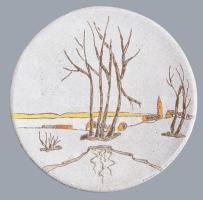 Antik mázas kerámia falitál, táli táj ábrázolással, jelzés nélkül, hibátlan, d: 23,5 cm