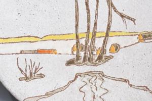 Antik mázas kerámia falitál, táli táj ábrázolással, jelzés nélkül, hibátlan, d: 23,5 cm