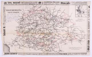 cca 1910-1915 Magyarország vasúti térképe, Bp., Posner és Fia térképészeti intézete, reklámokkal, feliratozással, hajtásnyomokkal, 30x46,5 cm