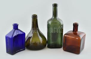 4 darab régi üveg, közte kobalt kék palack, felületén domború "Radiosola Medica" felirat, kopásokkal jelzett: MR, m: 14 cm, zöld üveg palack, felületén domború "Athenstaedt &amp; Redeker Hemelingen Bremen" felirat, kopásokkal, m: 22.5 cm alatt