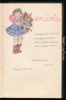 1938-1941 Budatétény-Sopron, emlékkönyv bejegyzésekkel, rajzokkal, kissé viseltes bőrkötésben