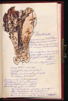 1900-1913 Bp., emlékkönyv bejegyzésekkel, rajzokkal, egy lapon beragasztott hajtinccsel, fémveretekk...