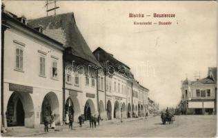 1916 Beszterce, Bistritz, Bistrita; Kornmarkt / Búza tér, Zemansky söröző, Carl Lebküchner, Scharsach Guido üzlete és saját kiadása / square, beer hall, publisher's shop (EK)