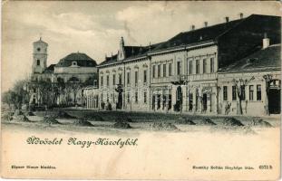 Nagykároly, Carei; utca, Somossy Miklós, Kőhalmy Gyula üzlete, Kereskedelmi és Iparbank. Huszthy Zoltán fényképe után, Eigner Simon kiadása / street, shops, bank (EK)