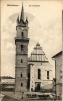 1914 Beszterce, Bistritz, Bistrita; Evangélikus templom, Központi szálloda, C. W. Knopp üzlete. Bartha Mária kiadása / Lutheran church, hotel, shops (EK)