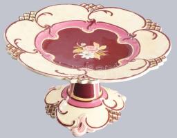 Szecessziós talpas kínáló, jelzett, mázrepedéssel, restaurálással, d: 26 cm, m: 14 cm