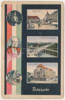 Temesvár, Timisoara; Kossuth tér, Bega-híd és Postapalota, Löffler palota. Montázs nemzeti színű szalaggal, Ferenc Józseffel / square, bridge, post office, palace. Montage with Hungarian flag and Franz Joseph of Austria (kopott sarkak / worn corners)
