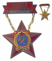 1950 k. "Szakma kiváló dolgozója" Rákosi-címeres zománcozott kitüntetés hátoldalán "33262" sorszámmal, miniatűrrel, eredeti Rákosi-címeres bakelit tokban T:AU