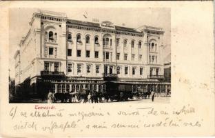 1901 Temesvár, Timisoara; Temesvári Első Takarékpénztár, Schenk F. kávéháza, Wolf János étterme és sörháza, lóvasút / savings bank, café, restaurant and beer hall, horse-drawn tram + "BÁZIÁS - BUDAPEST 3. SZ." vasúti mozgóposta bélyegző (vágott / cut)