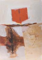 Misch Ádám (1935-1995): Eleinte így, 1983. Vegyes technika, kollázs, papír, jelezve középen lent. Hátoldalán Misch Ádám autográf feliratával. Paszpartuban. 70×50 cm.