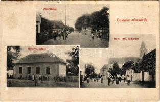 1913 Jóka, Jelka; utca részlet, Református iskola, Római katolikus templom. G. D. P. 1002. / street view, Calvinist school, Catholic church (fl)