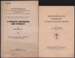 cca 1930-1935 2 db orvosi témájú kiadvány: Erős Gedeon: A kórbonctani rheumakutatás ujabb eredményei. A gyógyászat tudományos közleményei 75. évf. 31-32. sz. (Különlenyomat.) Kissé foltos, sérült borítóval, 10+[2] p. + David Werner: Az insulin-kezelés klinikája gyakorló orvosok részére. 12 p.