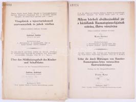 2 db állatorvostudományi különlenyomat: Andrónyi András: Vizsgálatok a tejsavtartalomról szarvasmarhák és juhok vérében. + Kass Ferenc: Milyen bőrbeli elváltozásokkal jár a háziállatok Haematopinus-fajainak szúrása, illetve vérszívása. Különlenyomat a ,,Közlemények az összehasonlító élet- és kórtan köréből" XXVII. kötetéből. Bp., 1935, Pátria-ny., 11+[1] p.; 9+[1] p. Magyar és német nyelven. Kiadói tűzött papírkötés, az egyik sérült borítóval.