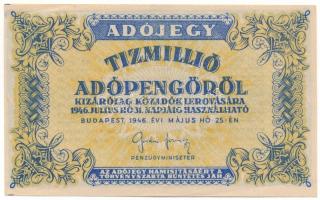 1946. 10.000.000AP hátoldali szöveg kisméretű betűkkel T:AU,XF nagyobb sarokhajlások Adamo P54