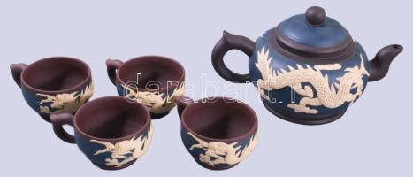 Kínai kézzel formázott teás kanna 4 pohárral, m: 4,5-11 cm
