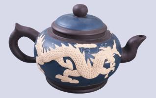 Kínai kézzel formázott teás kanna 4 pohárral, m: 4,5-11 cm