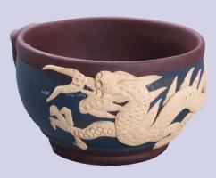 Kínai kézzel formázott teás kanna 4 pohárral, m: 4,5-11 cm