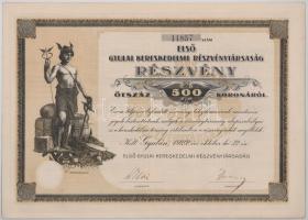 1922. Gyula "Első Gyulai Kereskedelmi Részvénytársaság" részvénye 500K-ról, szárazpecséttel, szelvényekkel T:F szép papír