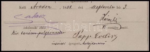 1888 Salacz Gyula, Arad polgármestere, képviselő által aláírt bizonyítvány