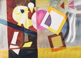 Misch Ádám (1935-1995): Szalagos kép, 1979. Akvarell, papír, jelezve jobbra lent. Hátoldalán Misch Ádám autográf feliratával. Paszpartuban. 40,5×58 cm.