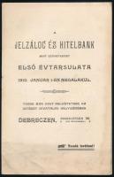 1909 A Jelzálog és Hitelbank mint szövetkezet első évtársulata 1910. január 1-én megalakul. Ismertető kiadvány. Debrecen, 1909, Hoffmann és Kronovitz-ny., 7 p. Kiadói tűzött papírkötés, kissé foltos.