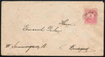1881 1874-es 5kr bélyeg 15kr díjjegyes borítékra ragasztva, Püspökladányról Budapestre, hátoldali érkezési bélyegzéssel