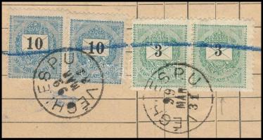 1898 Teljes, nagyon ritka hiánylati áttekintés 2 x 3kr + 2 x 10kr bérmentesítéssel, "VÉGHLES/P....
