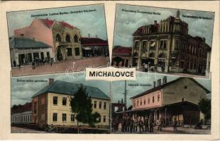 Nagymihály, Michalovce; Zempléni Népbank, Kereskedelmi és Iparbank, Állami reálgimnázium, vasútállomás, Josef Jakubovits, Viliam Landesman üzlete. Alexander Halász Photogr. / Zemplinska Ludova Banka, Priemislova Zivnostenska Banka, Státne reálne gymnázium, Nádrazí / bank, railway station, grammar school, shops. Art Nouveau (EK)