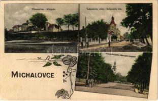 1927 Nagymihály, Michalovce; Sörgyár, Sulyovszky utca, Római katolikus templom. Alexander Halász Photogr. / Pivovarna, Sulyovszky ulica, Rim. kath. kostol / brewery, beer factory, street view, Catholic church. Art Nouveau, floral (Rb)