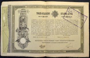 1891. Budapest "Dunántúli Helyi Érdekű Vasút Részvénytársaság" törzs-részvénye 100Ft-ról szelvényekkel, szárazpecséttel, bélyegzéssel, magyar és német nyelven T:F szép papír Hungary / Budapest 1891. "Dunántúli Helyi Érdekű Vasút Részvénytársaság" local railway company share about 100 Forints, with coupons, embossed stamp, overprint, Hungarian-German bilingual C:F fine paper