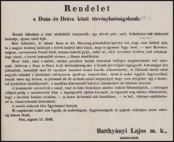 1848 Pest, Batthyány Lajos miniszterelnök által kiadott rendelet a Duna és Dráva közti törvényhatósá...