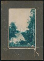 cca 1910 Erdei táj templommal, cianotípia, kissé foltos, sérült kartonon, 16x11 cm, karton: 25x18 cm