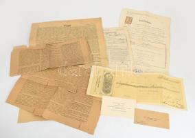 1912-1917 Hujber József katona és családjának iratai, közte sorozási bizonyítvány (Widmungsschein), halotti anyakönyvi kivonat (Totenschein), névjegy, újságtöredékek, stb., vegyes állapotban