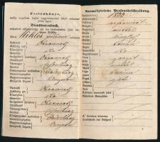 1856 Német-magyar kétnyelvű cselédkönyv 6 kr CM okmánybélyeggel