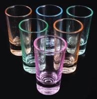 Régi dugós italos üveg 6 darab színes pohárral, m: 7-26 cm