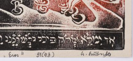 Olvashatatlan jelzéssel: "Eros", linómetszet, papír, jelzett, papírra ragasztva, 13×13 cm