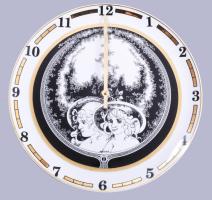 Hollóházi Jurcsák László által tervezett mintával díszített falióra, certifikáttal, eredeti dobozában, hibátlan, használatlan, d: 31 cm