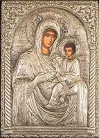 Mária a kis Jézussal. Modern ikon, ezüst (Ag) okláddal, 11x8 cm, 14x11 cm