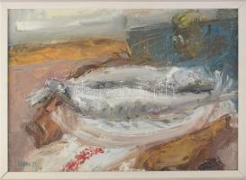 Szikra János (1921-2009): Csendélet halakkal, 1980 körül. Olaj, farost, jelezve balra lent, fakeretben, 50×70 cm