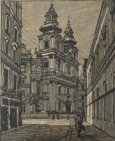 Mátrai Vilmos (1877-1961): Egyetemi templom, Budapest, 1940. Linómetszet, papír, jelzett, üvegezett fakeretben, 35×25 cm