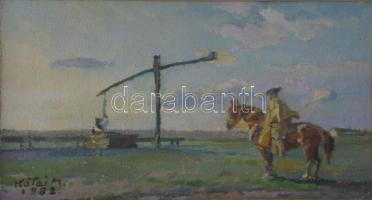 id. Kátai Mihály (1906-1983): Csikós reggeli fényben. Olaj, papír, jelzett. Hátoldalán Képcsarnok Vállalat címkéivel, mely szerint szerepelt az 1986-ban a Derkovits Teremben rendezett kiállításon. Üvegezett, kissé sérült fakeretben, 9×15 cm