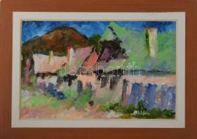 Deák János (1928-2018): Nagybányai utca. Olaj, karton. Jelzett, hátoldalán címkén feliratozott, paszpartuban, 32x48 cm