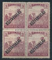 1918 Köztársaság 3f négyestömb, az egyik bélyegen a "FILLÉR" szóban lemezhiba