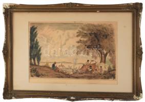 Iványi Grünwald Béla (1867-1940)-Prihoda István (1891-1956): Táborozók. Színezett rézkarc, papír, Iványi Grünwald Béla által jelzett. Dekoratív, sérült fakeretben, 30×44 cm