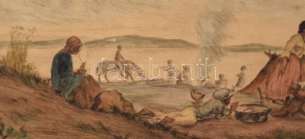 Iványi Grünwald Béla (1867-1940)-Prihoda István (1891-1956): Táborozók. Színezett rézkarc, papír, Iv...