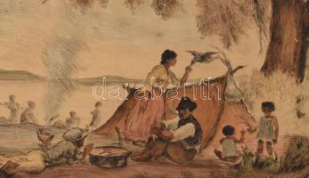 Iványi Grünwald Béla (1867-1940)-Prihoda István (1891-1956): Táborozók. Színezett rézkarc, papír, Iv...