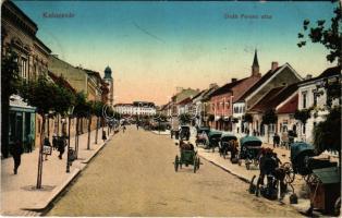 1911 Kolozsvár, Cluj; Deák Ferenc utca, üzletek, piac. Gombos Ferenc kiadása / street, shops. market (kis szakadás / small tear)