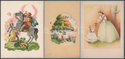 cca 1930 7 db régi távirat, közte Gönczi-Gebhardt Tibor és Izsóf Etti grafikájával