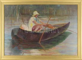 Poll H jelzéssel: Csónakos. Olaj, vászon. Üvegezett fakeretben. 48x69 cm