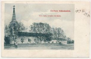 1909 Kálmánd, Camin; Római katolikus templom és iskola. Divald Károly fia kiadása (Eperjes) / church and school + "KÁLMÁND POSTAI ÜGYN." (vágott / cut)